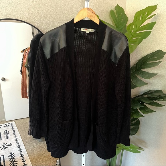 ✨ Love Change Italy Black Cardigan 1X | Faux Leather Shoulder Detail Sweater - Picture 1 of 6